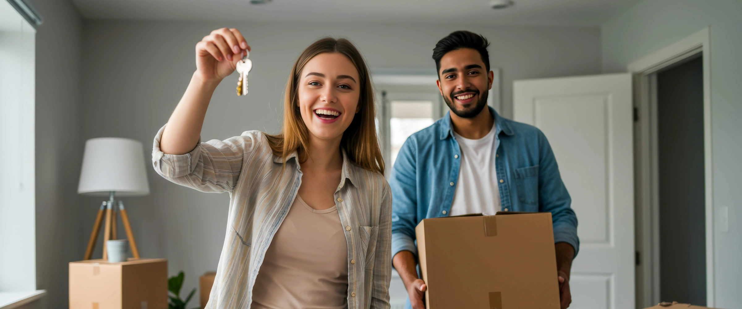 Paar erhält Schlüssel und ist sehr glücklich im neuen Zuhause